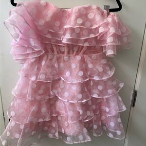 Theodora & Callum Pink Strapless Polka Dot Dress